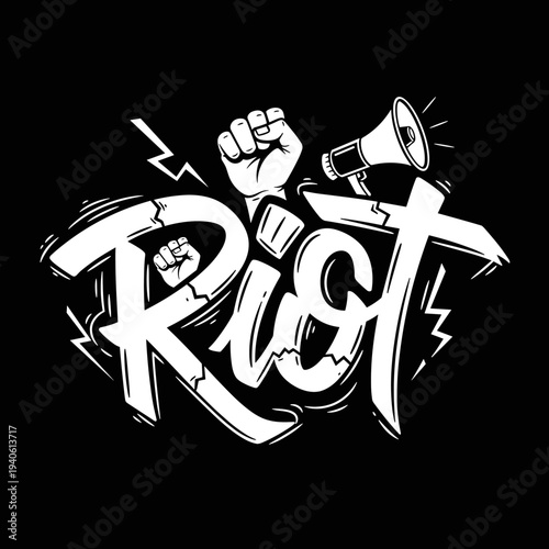 Riot text art with fist and megaphone symbols.