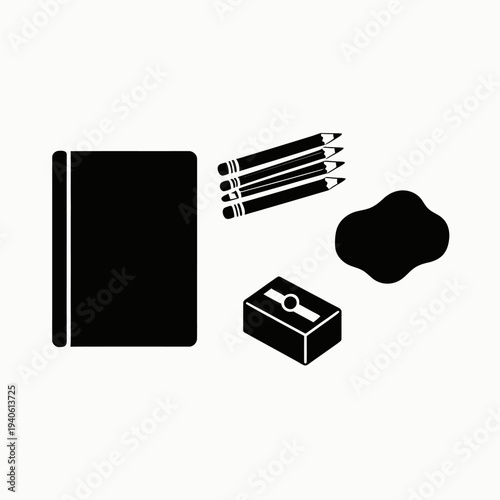 Stationery items including notebook pencil sharpener and eraser on flat surface vector illustration
