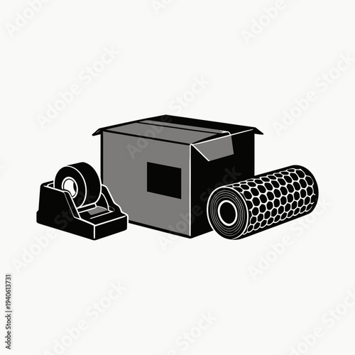 Office supplies including tape dispenser, box, and bubble wrap on a flat surface viewed from the front