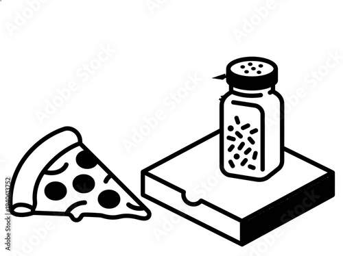 A slice of pizza with a salt shaker on a square plate viewed from the side in a simple graphic illustration