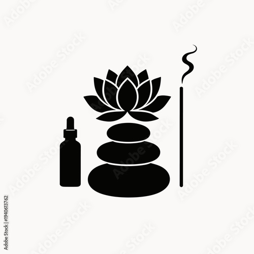 Serene Spa Scene with Lotus, Stones, Bottle, and Incense Stick Vector Illustration