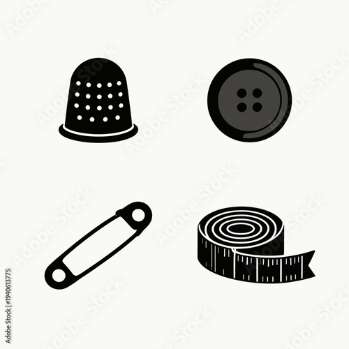 Thimble, Button, Safety Pin, and Measuring Tape Icons in Vector Format