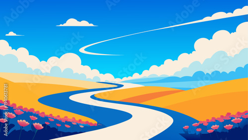 Scenic landscape with winding road and sky