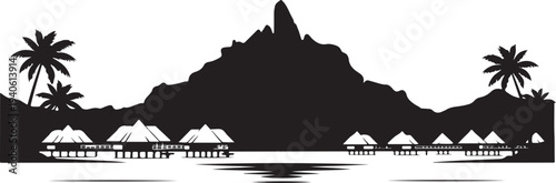 Tropical Bora Bora island resort vector with water bungalows and mountain silhouette