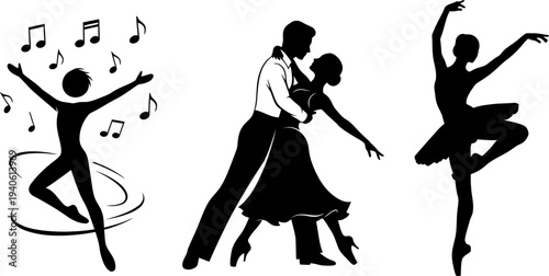 Collection of dance silhouettes, elegant ballroom dancing couple, graceful ballerina, and performer with musical notes isolated on white background vector