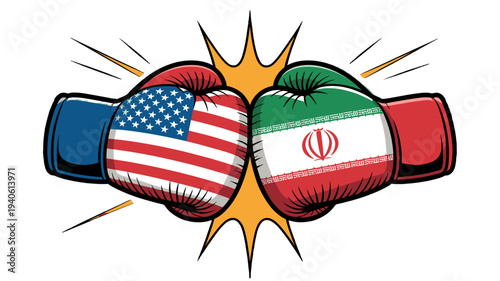 Boxing gloves with US and Iran flags. 