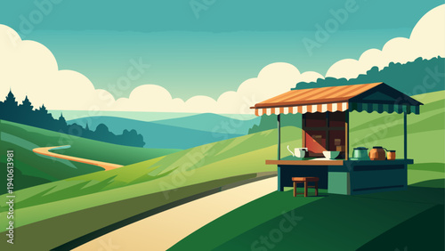 Scenic hillside tea stall with green hills