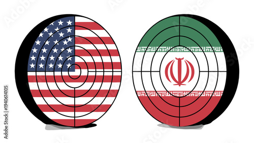 Political tension concept illustrated using American and Iranian flag on target.
