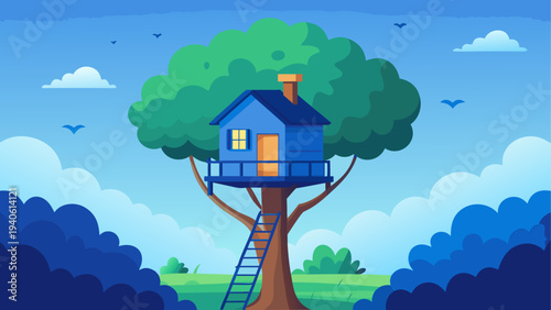 A treehouse with ladder in the daytime
