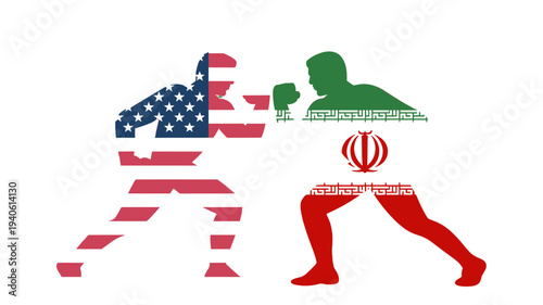 USA vs Iran boxing confrontation illustration.