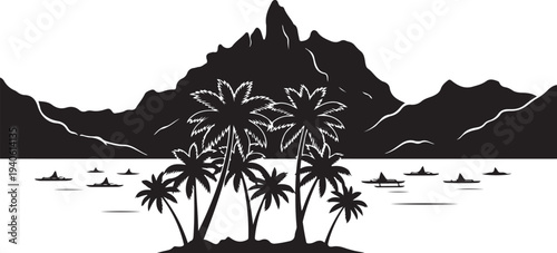 Tropical Bora Bora island resort vector with water bungalows and mountain silhouette
