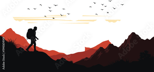 Silhouette hiker walking in mountain landscape at sunset with birds illustration isolated on white background for adventure travel, trekking, and outdoor exploration design