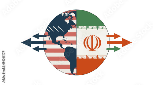 Illustration of a globe split in half with arrows pointing in different directions, symbolizing relations between the countries.