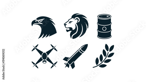 Symbolic icons representing power and elements. 