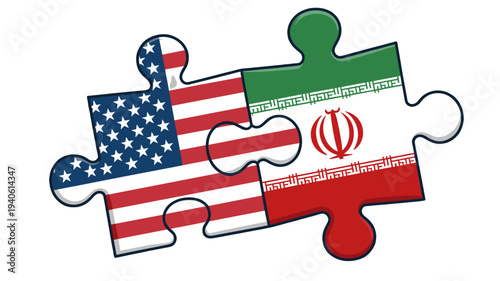 Two puzzle pieces, one representing the United States flag and the other, the Iran flag, interlocked to represent cooperation.
