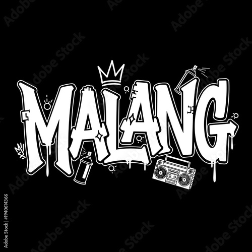 Graffiti style text art with the word Malang and urban elements.