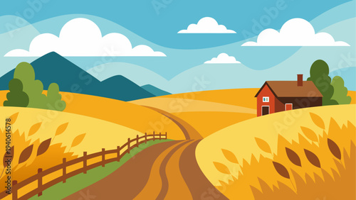 Rural landscape with house and golden field