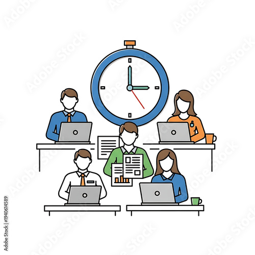 Office workers managing time and deadlines under a large clock.
