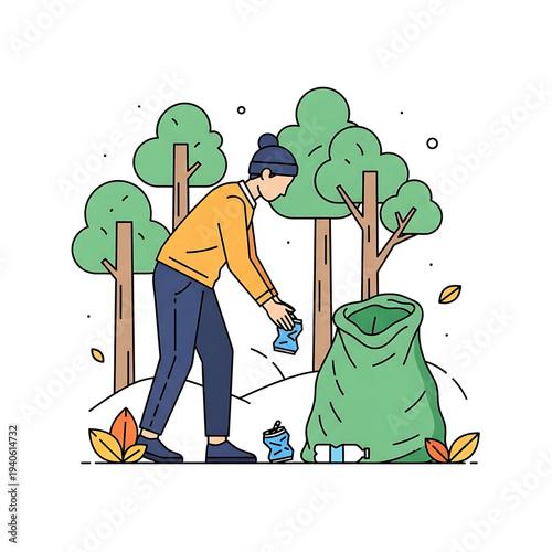 Volunteer collecting trash and cleaning a park area.