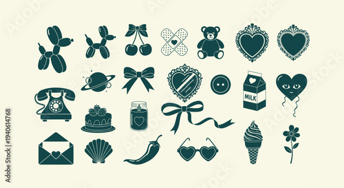 Aesthetic Vector Silhouette Icons Collection Featuring Balloon Dogs Cherries Heart Bows and More
