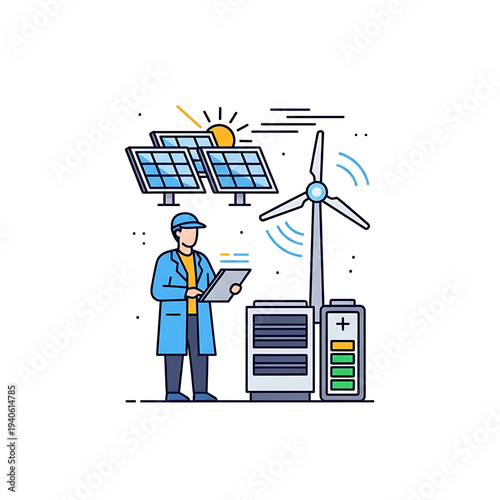 Engineer maintaining renewable energy systems with solar panels and wind turbines.
