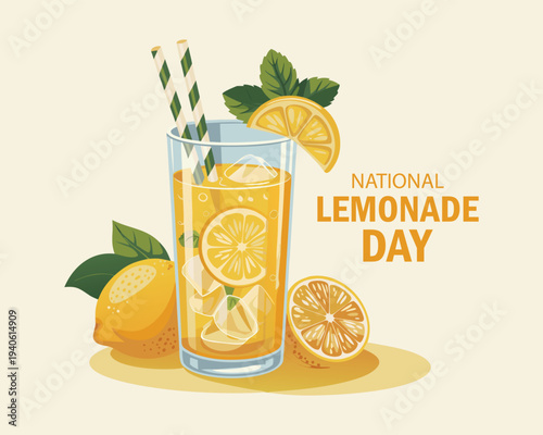 National Lemonade Day vector. Glass of lemonade with lemons and mint leaf icon. Glass with fresh ice summer drink vector. Lemonade Day Poster,. Important day