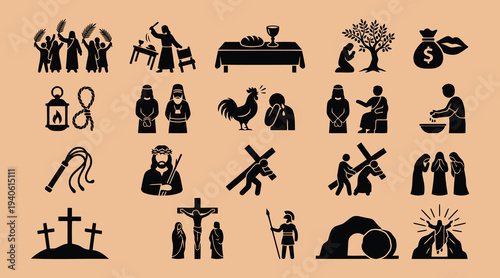 Black silhouettes of various biblical scenes and symbols on beige background  religious icons and figures