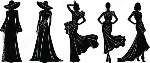 Vector silhouette set of elegant women in long evening gowns and stylish hats posing in various fashion model stances isolated on a white background.