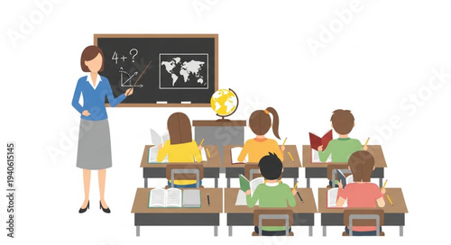 Teacher instructing students in a classroom setting with a blackboard.