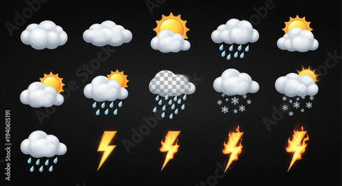Collection of weather icons including sun clouds rain and lightning bolts.