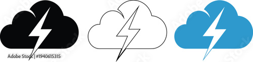 Weather forecast icons with lightning bolts in black white and blue