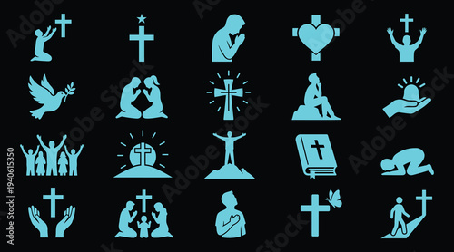 Blue silhouette icons of christianity symbols and people praying or worshiping with crosses and bibles on dark background