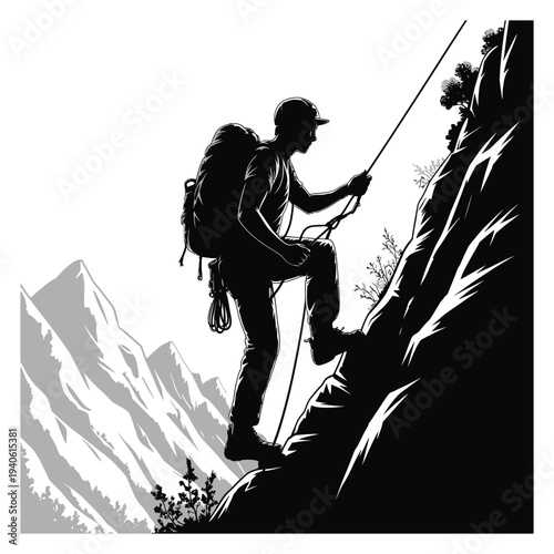 Silhouette of a climber ascending a rocky mountain