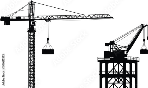 Vector silhouette set of heavy industrial construction cranes lifting loads including a tall tower crane and a mobile crane isolated on white background.
