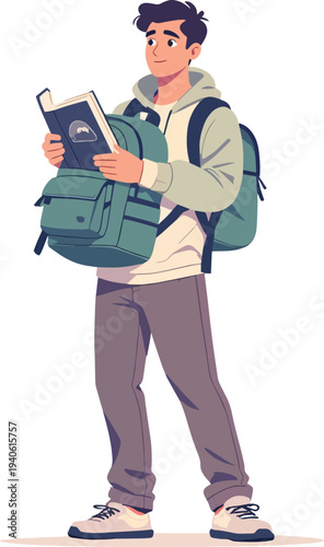 uomo che cerca su libro tablet vettoriale illustrazione