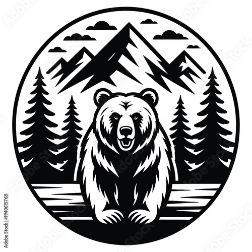 Black and white bear in mountain forest circle grizzly bear