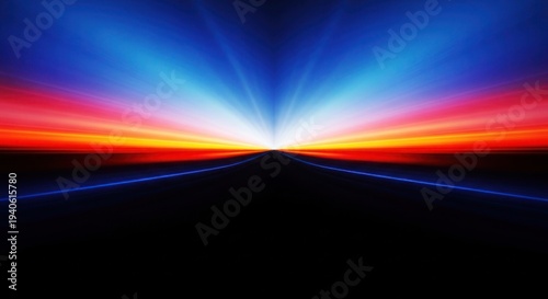 Vibrant light rays converging on a dark horizon with colorful gradient