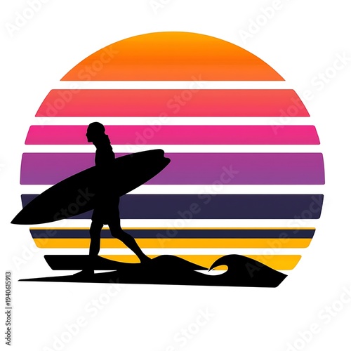 Vibrant retro sunset with a lone female surfer silhouette carrying her board, walking towards the ocean waves under a colorful sky, embodying summer adventure and beach lifestyle