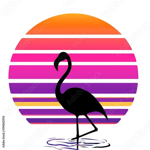 Silhouette of a flamingo standing in water against a vibrant retro sunset with colorful horizontal stripes, evoking a tropical and nostalgic vibe