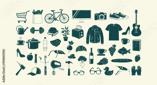 Set of hand drawn vector icons for lifestyle food electronics tools and clothes on plain background.