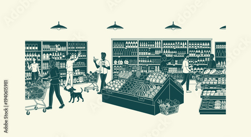 Flat Vector Illustration of Diverse People Shopping in a Modern Supermarket with Fresh Produce