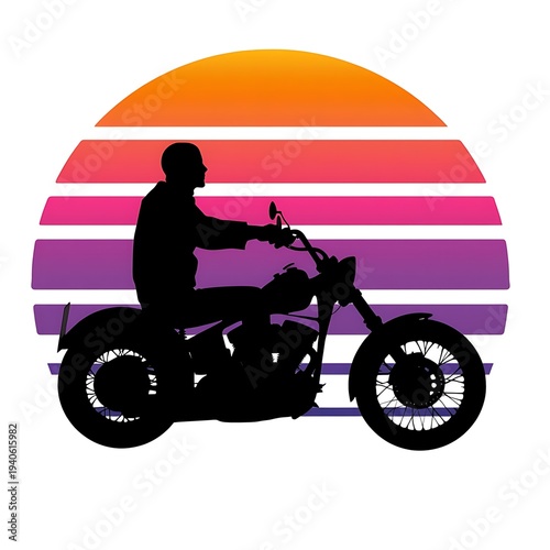 Classic motorcycle rider silhouette cruising against a vibrant retro striped sunset, embodying freedom and adventure on the open road