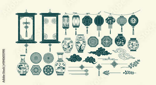 Traditional Chinese decorative elements set featuring lanterns, porcelain vases and silk scrolls.