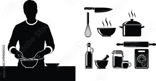 Black silhouette of a male chef cooking and a collection of kitchen tools utensils and equipment isolated on white background