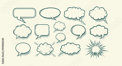 Vintage Comic Style Speech Bubbles and Thought Clouds with Halftone Dots for Creative Design Layouts
