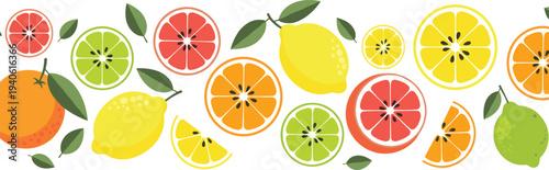Citrus fruits set with lemon, orange, lime, and grapefruit slices illustration isolated on white background for fresh juice branding and healthy food design
