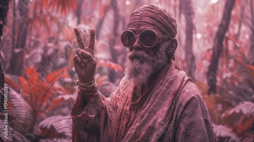 An elderly male hippie in a pastel woods giving a peace sign