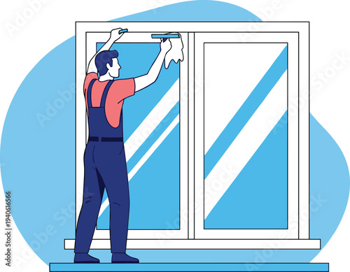 Professional window cleaner washing glass with squeegee illustration isolated on white background for cleaning service, home maintenance, and hygiene concepts