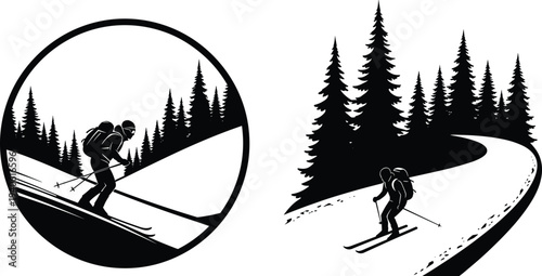 Vector illustration set of skiers with backpacks descending snowy mountain slopes through pine tree forests in black and white minimalist line art style.