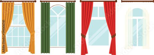 Window curtain set with different drapery styles and rods isolated on white background for interior design, home decoration, and house window illustration